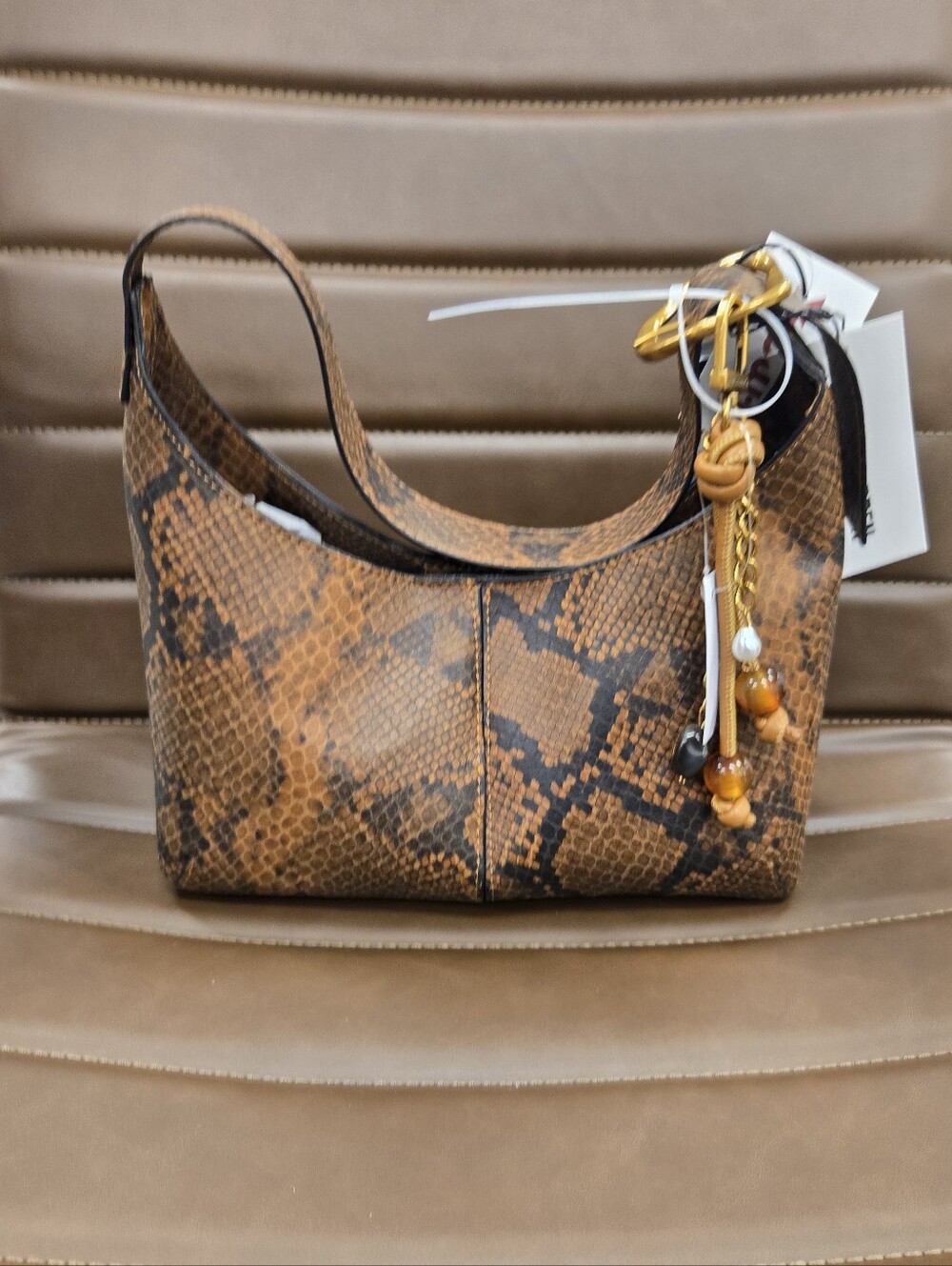 Steve Madden Brown Snake-Print Shoulder Bag with Charm Keychain